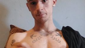 Skinny guy with patchwork tattoos cumming