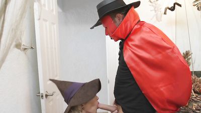 A Blonde witch Milf bang teens at Halloween in a threesome fuck session