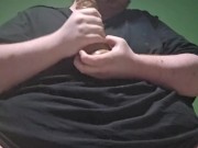 Fat male in chastity sucking a dildo and drooling like a waterfall