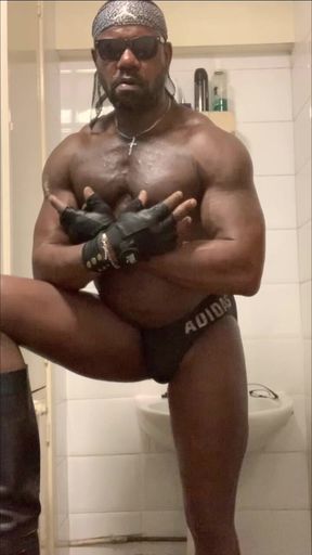 Black Muscle Attired in Sexy Tight Swimming Trunks Solo Edge & Cum Session