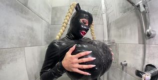 BDSM Huge Tits in Latex! Latex Mask Blowjob with Mouth Gagged and Facial Cumshot!