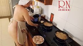 Raw amateur MILF Regina Noir gets naked, gets cooking in kitchen, takes big cock&#x1F346; in s2!