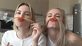 Blondie and Milora sniff lips with hair! MP4