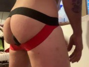 Puppy puts the vibrator with the jockstrap on to go cruising