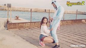 Dutch slut gets her pussy stretched at the public beach by guy in unicorn costume