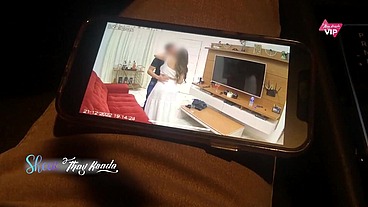 Cuckold husband watching his hot wife having sex with another man on the security camera