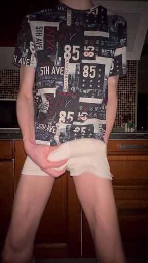 Twink pulls off his Panties and Jerks Off his Huge 23 cm Cock
