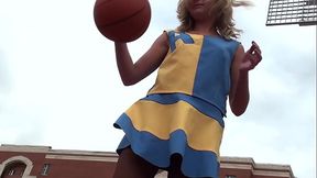 Lorine in Cheer Uniform and Pantyhose Shooting Basketball No Panties On Flashing