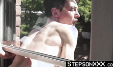 StepsonXXX.com - Twink Edward Trent trapped in the windows while Beau Reed dominates him