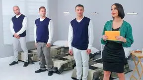 Three orphan guys get adopted by a generous busty woman who fucks them for Christmas