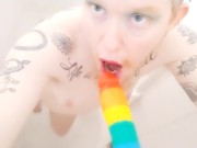 Rainbow Blowjob Horny Trans Queer Man Sucking Rainbow Dick POV Dildo Very Spitty