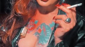 Dressed in leather and smoke, I invite you to smoke with me - Bimbo Milf - Mature Doll - Audible Inhales and exhales - Virginia Slims 120