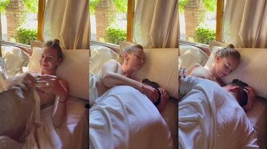 Redhead hotwife loves sucking her husbands huge natural tits while he watches
