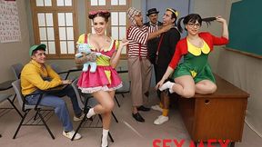 Three men are fucking with hot babes Sara Blonde and Nicole Zurich