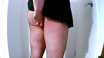 Chubby Virgin Sissy Ass Swallows Small Double Ended Dildo Wearing Fishnets and A Mini Skirt