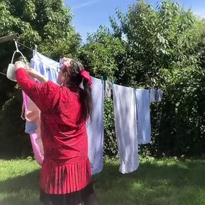 Dressed with a vintage dress to hang laundry outside