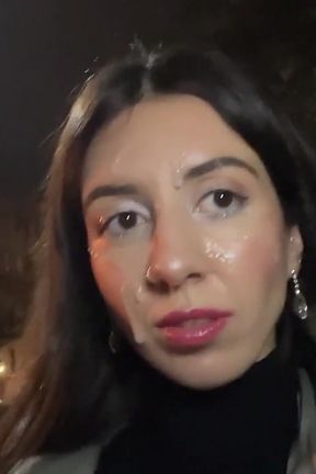 Ruined Makeup Cum on Face - Public Cumwalk on Street Fur Coat