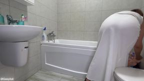 White Dress Fart Disaster in the Bathroom
