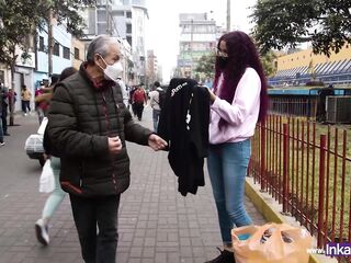 Redheaded polo shirt saleswoman caught on the streets of Gamarra-Lima, ends up being impregnated by old stranger