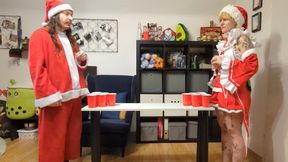 A Christmas strip pong game with a deep blowjob for the winner