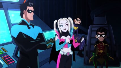 HARLEY QUINN performs NUT PUNCH Night Wing DC cartoon ballbusting heroine