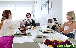 Teen while her mom is gone goes under table to suck cock
