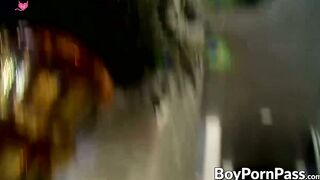 Twink fills his ass hole with a big toy and strokes his dong