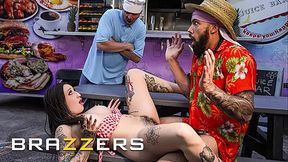 Tattooed Anna Chambers rides big cock behind the counter