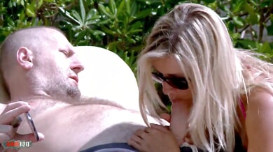 French blonde Tamara Val seduces Terry Kemaco by the pool then rides him deeply indoors