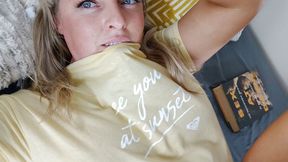 Blue eyed blonde touches herself and spreads her pussy lips