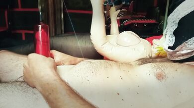 Teaching my inflatable girlfriend to give me a deep blowjob.