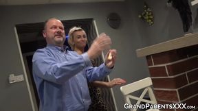 Naughty granny with big boobs gives sloppy blowjob on floor