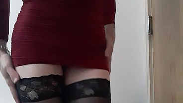 Ladybird1468 - Sexy femboy in red dress shows cock and ass