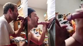 un mec suce une grosse bite pendant un demenagement