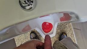 Straight guy with enormous uncut schlong pees in public urinal at gas station