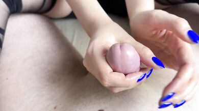 Black nylon feet worship cum soaked pantyhose handjob