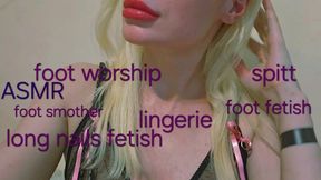 ASMR fetish video clip with spitt, foot fetish, foot smother, foot worship and massage, long nails fetish, lingerie, licking and lipstick fetish with Mistress GospodaricaEmma and Her sub Wolfy01