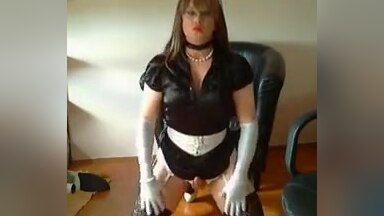 Tranny slut jerking in black satin blouse