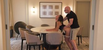 Horny maid lets the main of the house smash her pussy over the table