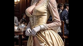 AI generated elegant flaxen-haired in Victorian dress flashes in public
