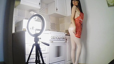 backstage the second part of how I take photos for the fans. hairy pussy long legs in white pantyhose