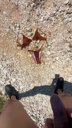 I pee and cum on a woman's swimsuit outside