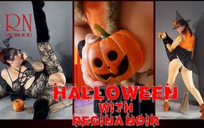 Halloween Witch in Rtgina Noir Witch with Pumpkins and a Broom. Regina Noir Velma Dinkley Yellow Pantyhose