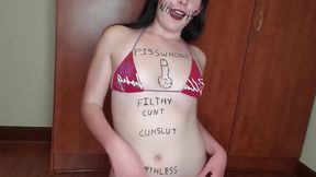 Dirty Talking Piss Whore Eats Piss Covered Fruit, Degrading Body Writing