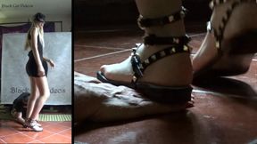 hands trampling in flat studded sandals featuring Alice (two cameras)