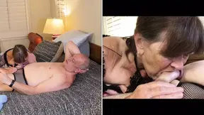 Old slut Bijou deepthroats and moans for cock