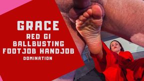 Grace red gi ballbusting, footjob and handjob domination