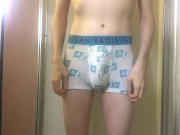 Young Twink Pisses in White AE Boxer Briefs and Gets Hard