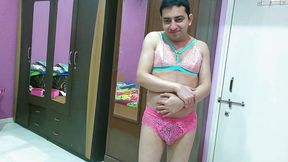 Sweet sissy crossdresser feels very nice in a sexy sheer-lace pink bra-pantie set.