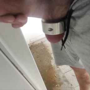 Big cock jerks off in public toilet